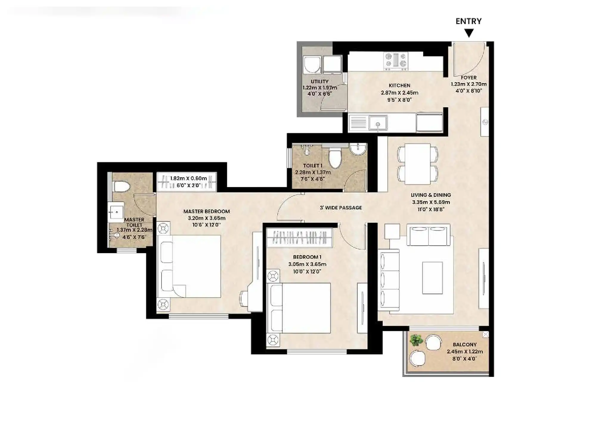 2 BHK Luxury Floor Plan
